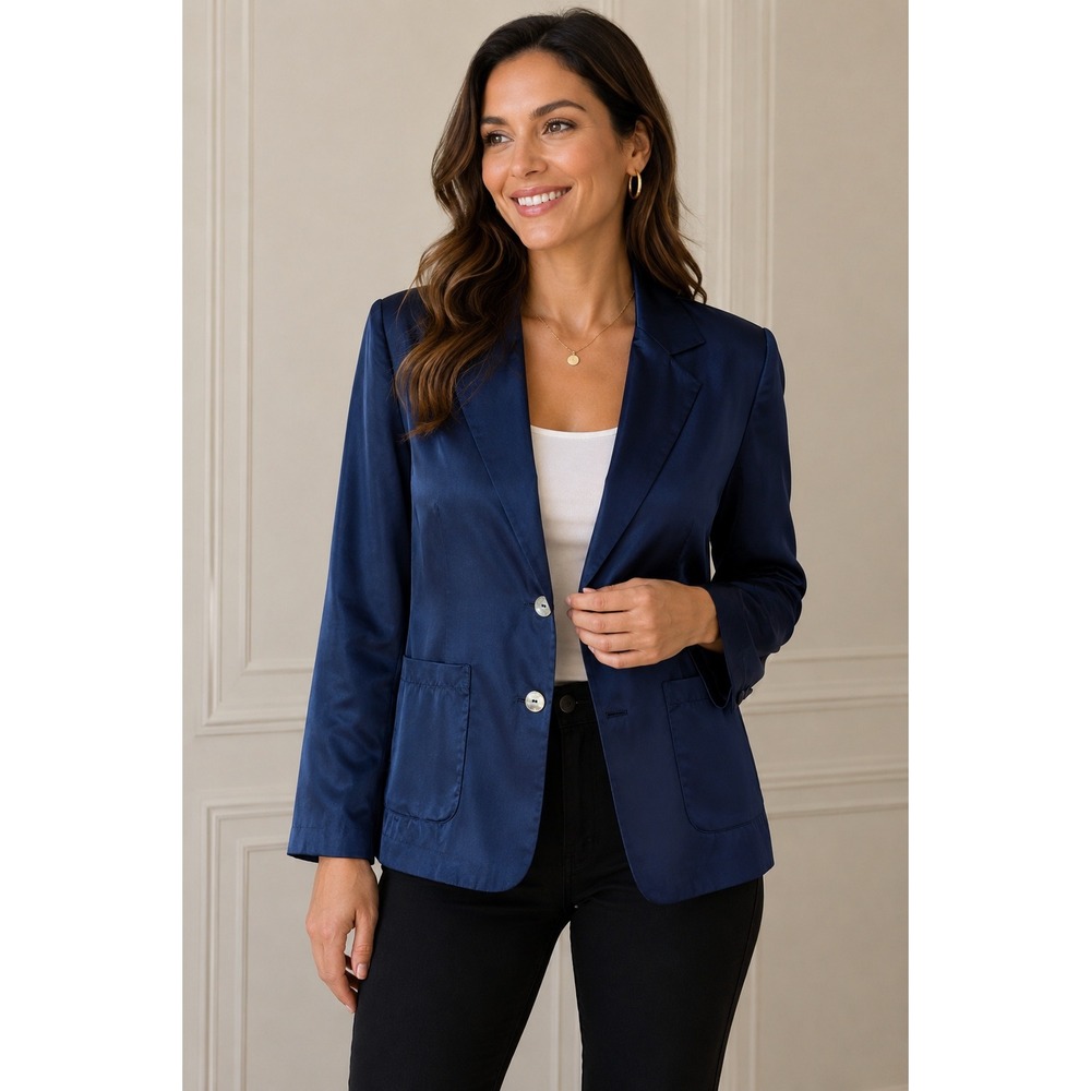 WinterSilks‎ Blazer PM Navy Blue 100% Silk Iridescent Button Lightweight Jacket